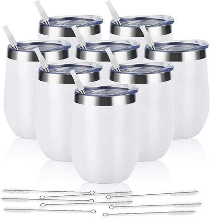 8 Pack 12Oz Stainless Steel Wine Tumblers, Insulated Wine Tumbler, Double Wall Insulated Wine Glass, Stainless Steel Stemless Wine Cups with Lids for Coffee, Wine, Cocktails, Champaign, White