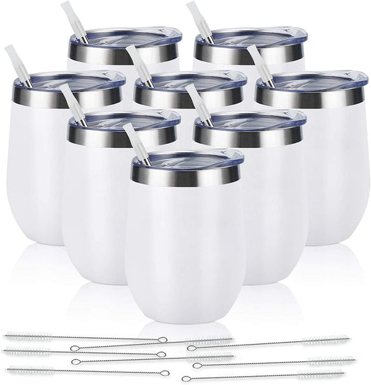 8 Pack 12Oz Stainless Steel Wine Tumblers, Insulated Wine Tumbler, Double Wall Insulated Wine Glass, Stainless Steel Stemless Wine Cups with Lids for Coffee, Wine, Cocktails, Champaign, White