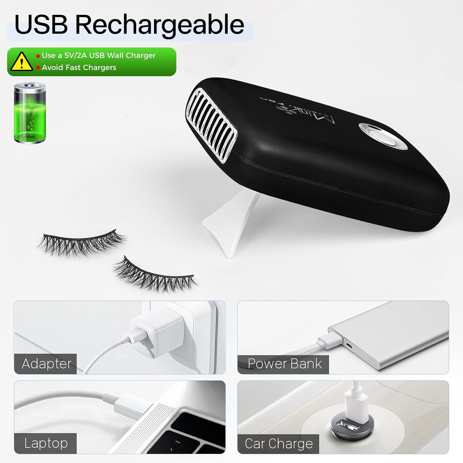 Eyelash Mini Lash Fan for Eyelash Extension Portable Lash Fan Dryer Handheld Rechargable USB Eyelashes Fans with 3 Adjustable Speed Cooling Air Fans Eyelashes Extension Application (Black)
